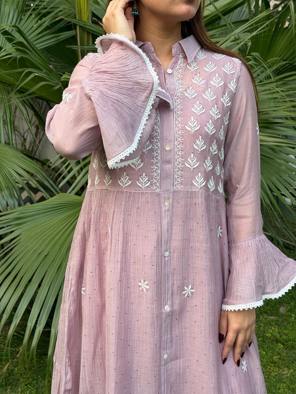 Lavender Pink Mal chikankari Dress With Bell Sleeves