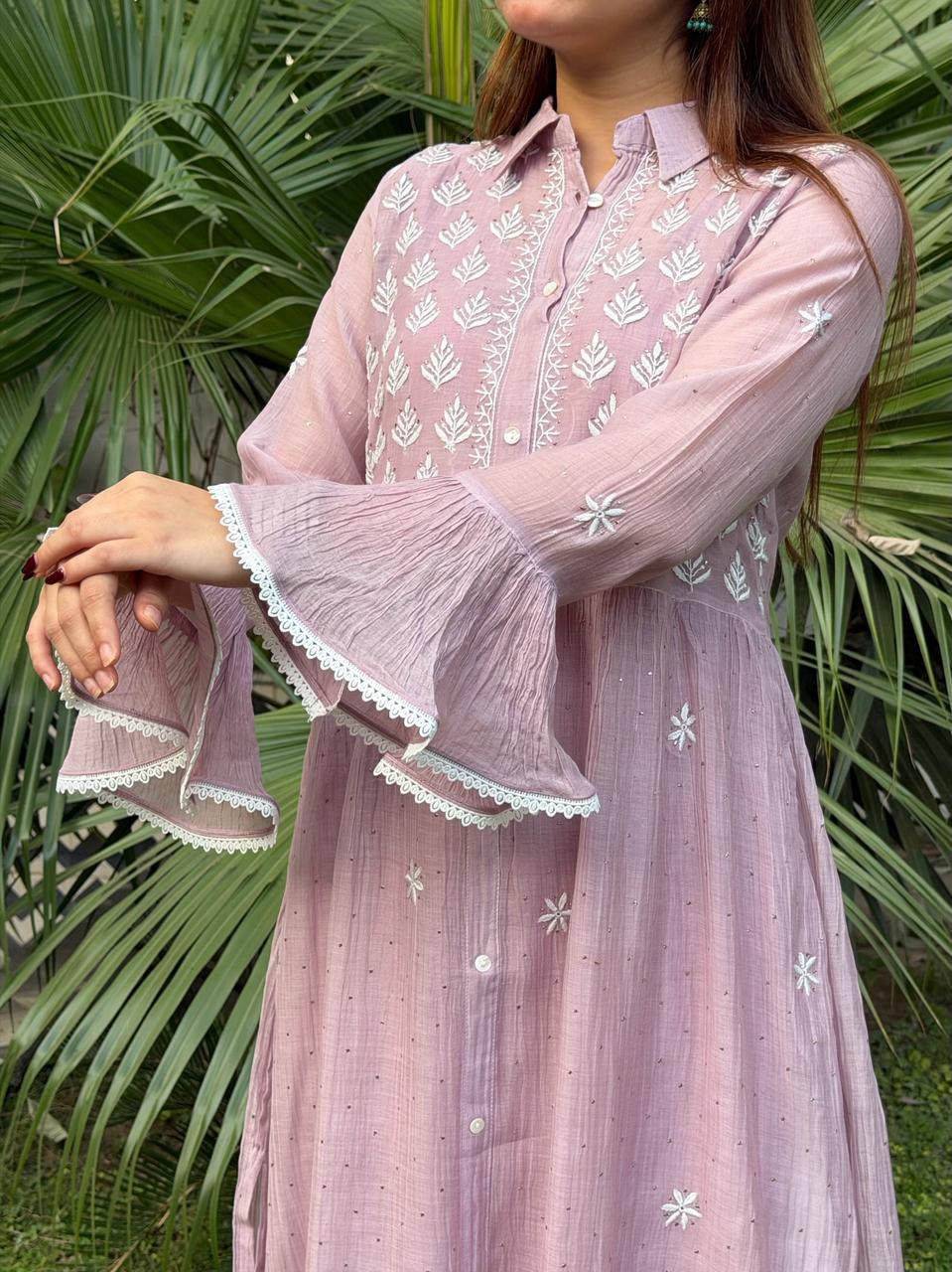 Lavender Pink Mal chikankari Dress With Bell Sleeves