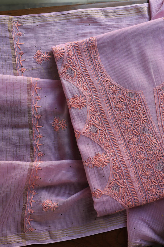 Lavender Pink Shade Mal Cotton Fine Chikankari With Kamdani Work Unstitched Fabric