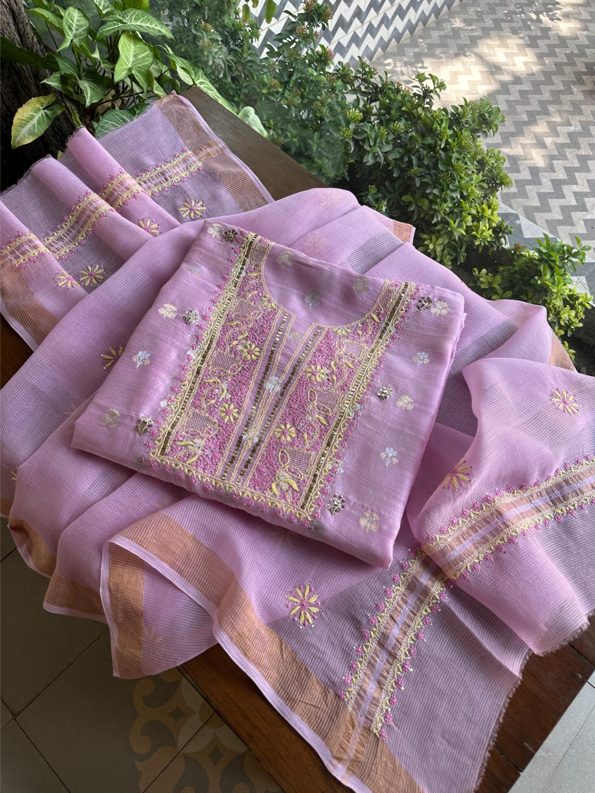 Lavender Pink Shade Zari Booti Fine Chikankari With Kamdani Work Unstitched Fabric