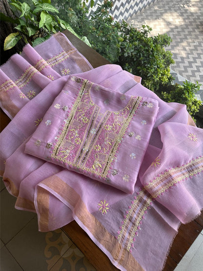 Lavender Pink Shade Zari Booti Fine Chikankari With Kamdani Work Unstitched Fabric