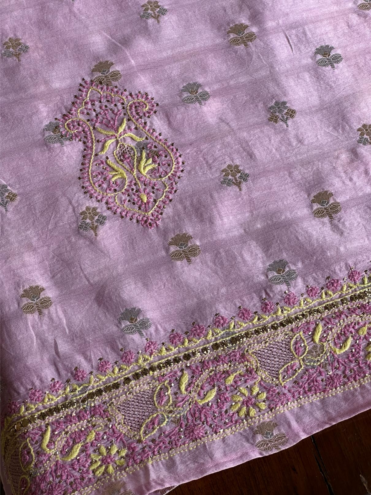 Lavender Pink Shade Zari Booti Fine Chikankari With Kamdani Work Unstitched Fabric