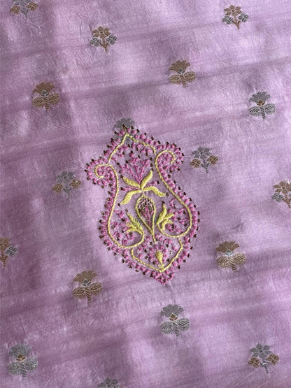 Lavender Pink Shade Zari Booti Fine Chikankari With Kamdani Work Unstitched Fabric