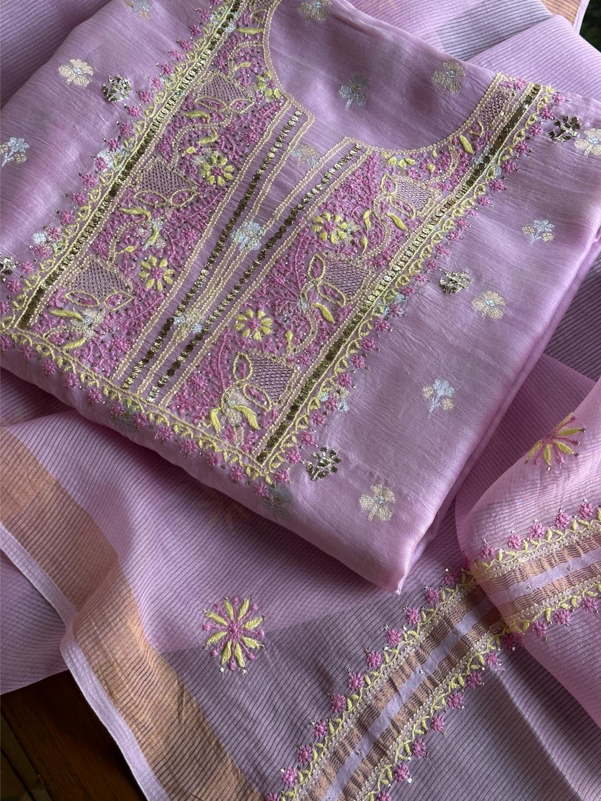 Lavender Pink Shade Zari Booti Fine Chikankari With Kamdani Work Unstitched Fabric