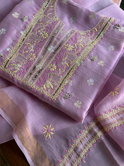 Lavender Pink Shade Zari Booti Fine Chikankari With Kamdani Work Unstitched Fabric