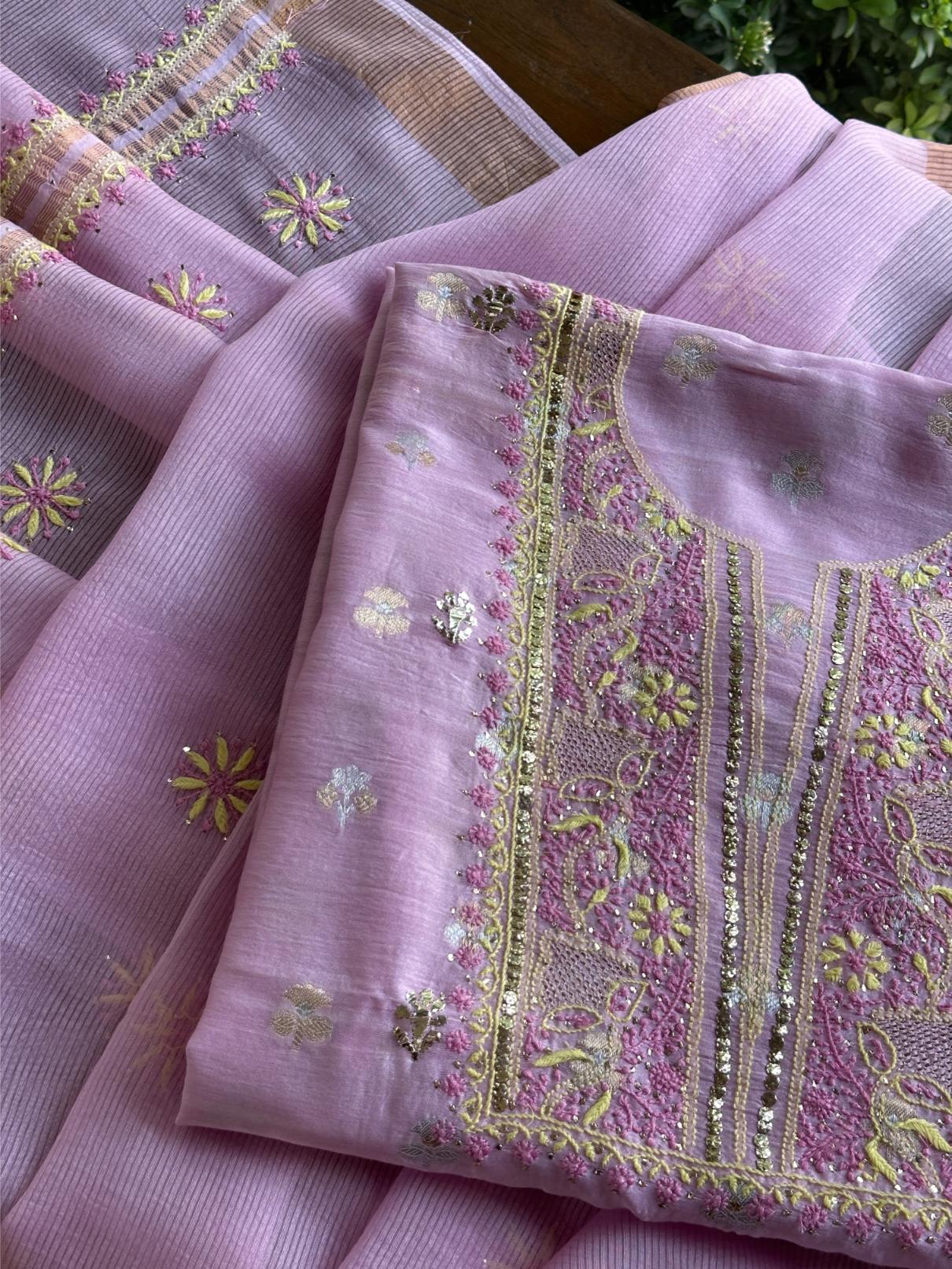 Lavender Pink Shade Zari Booti Fine Chikankari With Kamdani Work Unstitched Fabric