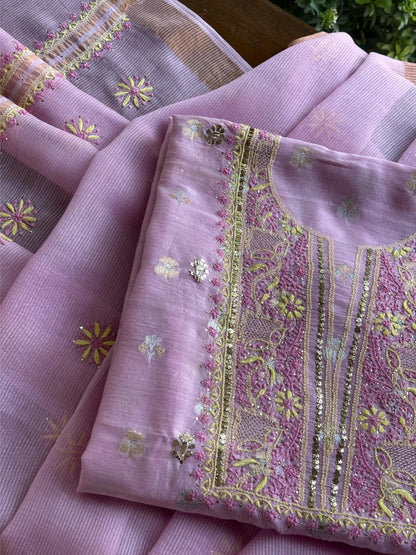 Lavender Pink Shade Zari Booti Fine Chikankari With Kamdani Work Unstitched Fabric