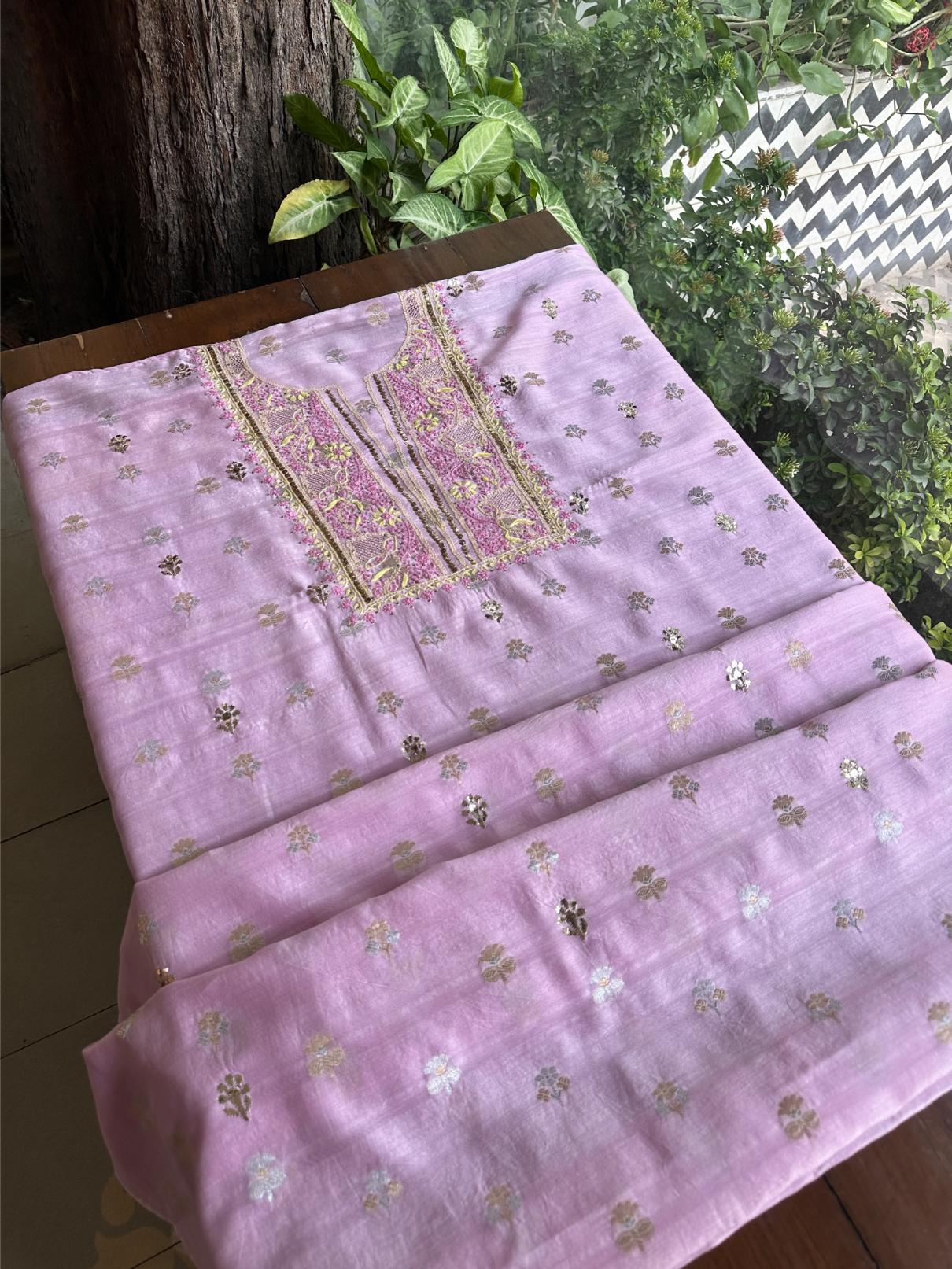 Lavender Pink Shade Zari Booti Fine Chikankari With Kamdani Work Unstitched Fabric