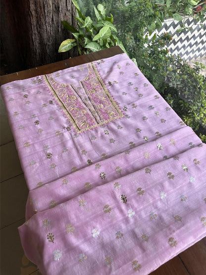 Lavender Pink Shade Zari Booti Fine Chikankari With Kamdani Work Unstitched Fabric