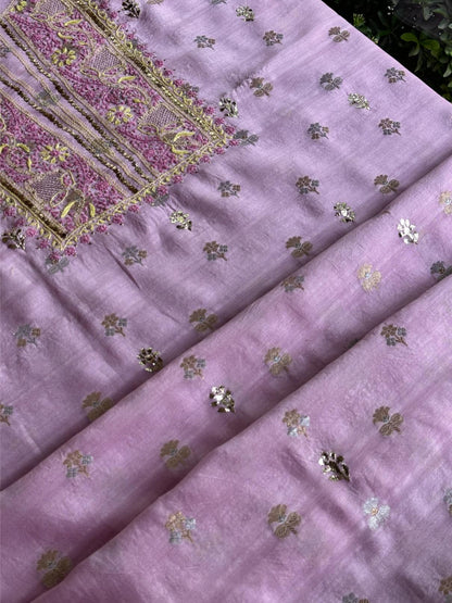 Lavender Pink Shade Zari Booti Fine Chikankari With Kamdani Work Unstitched Fabric