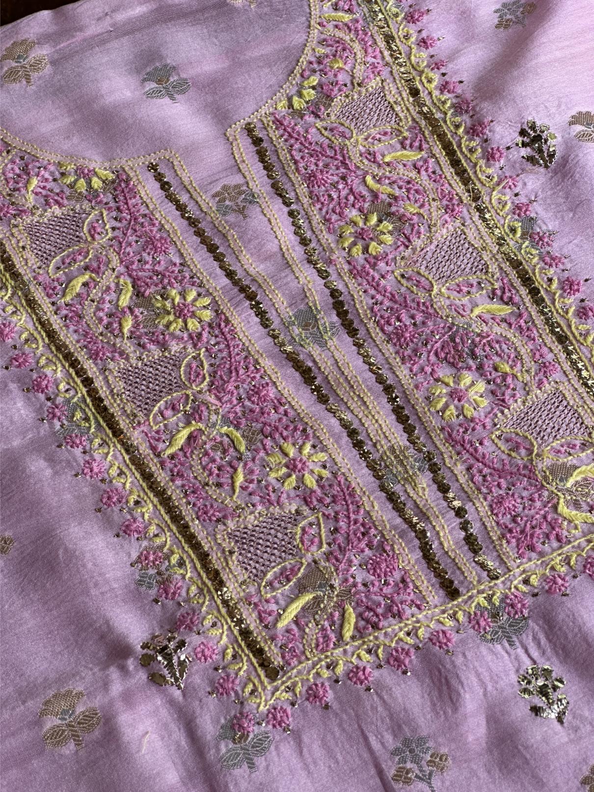 Lavender Pink Shade Zari Booti Fine Chikankari With Kamdani Work Unstitched Fabric