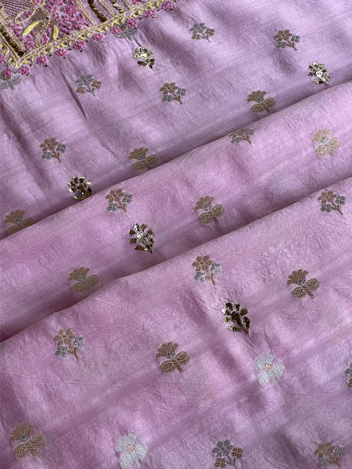 Lavender Pink Shade Zari Booti Fine Chikankari With Kamdani Work Unstitched Fabric