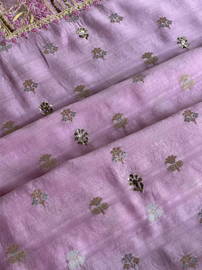 Lavender Pink Shade Zari Booti Fine Chikankari With Kamdani Work Unstitched Fabric