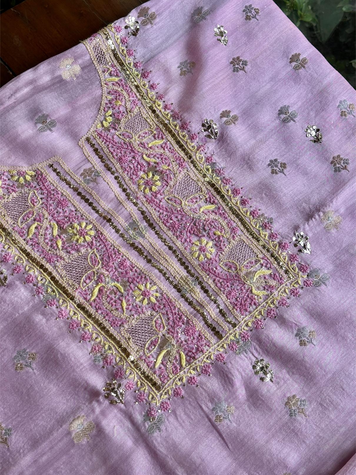 Lavender Pink Shade Zari Booti Fine Chikankari With Kamdani Work Unstitched Fabric