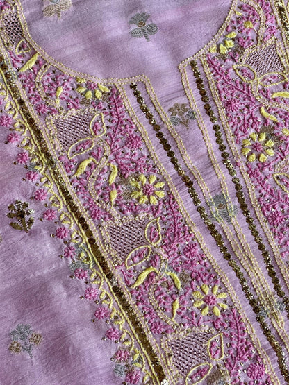 Lavender Pink Shade Zari Booti Fine Chikankari With Kamdani Work Unstitched Fabric