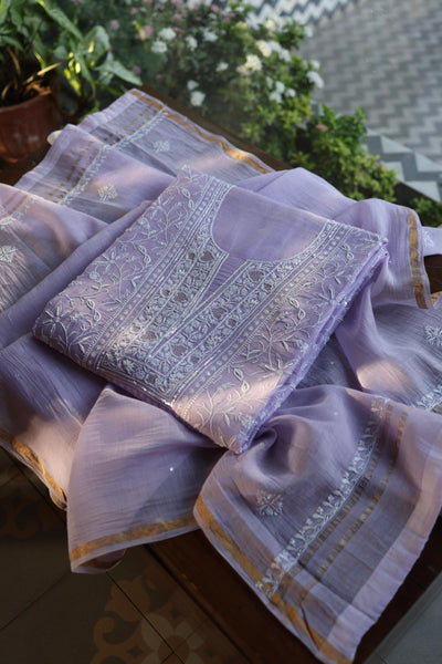 Lavender Purple Shade Chanderi Silk Mukaish Badla Unstitched Fabric