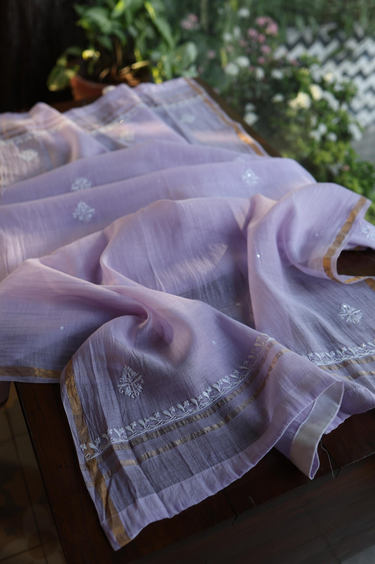 Lavender Purple Shade Chanderi Silk Mukaish Badla Unstitched Fabric