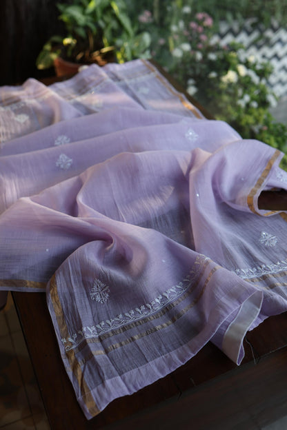 Lavender Purple Shade Chanderi Silk Mukaish Badla Unstitched Fabric