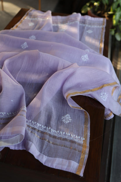 Lavender Purple Shade Chanderi Silk Mukaish Badla Unstitched Fabric