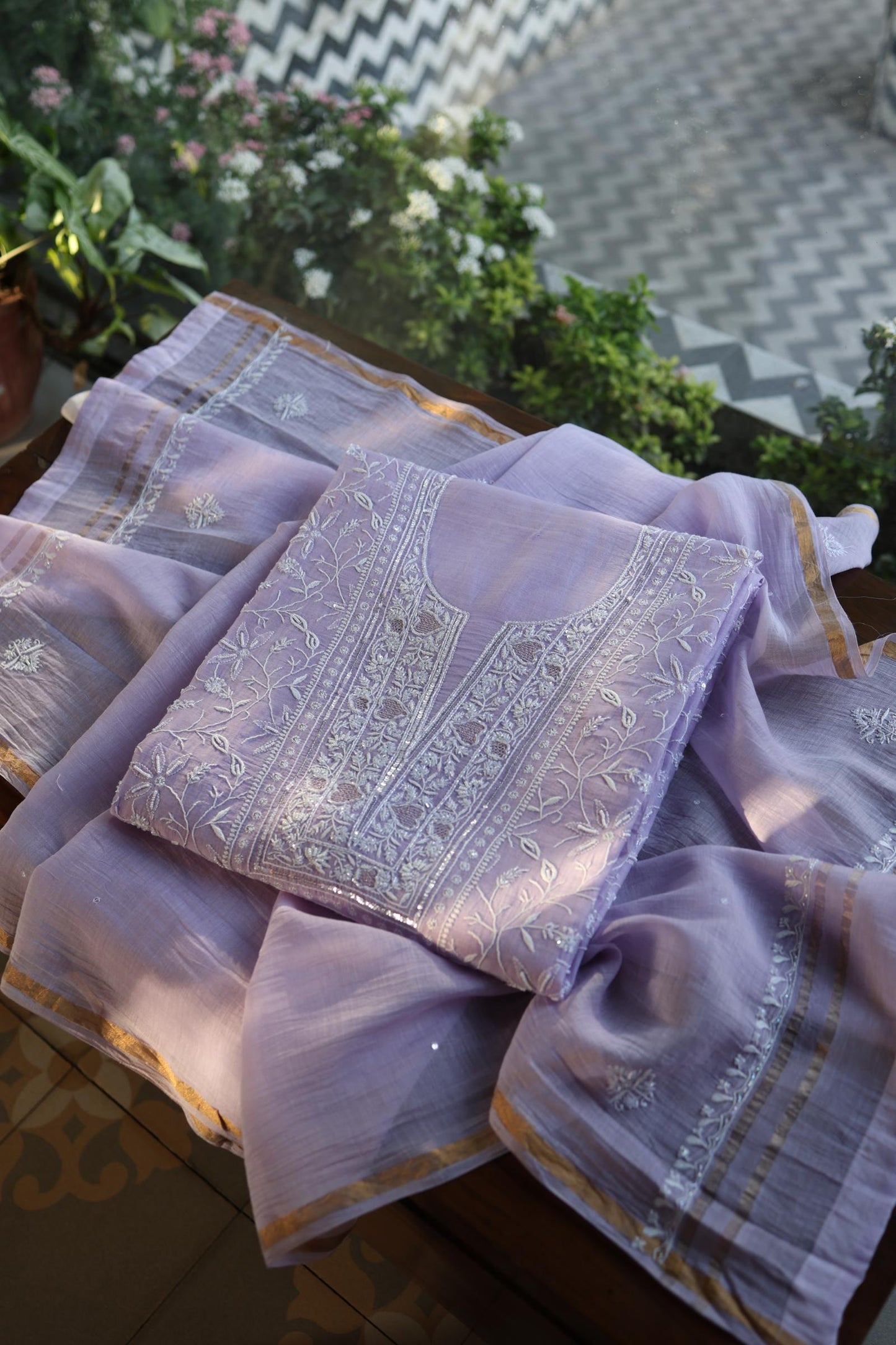 Lavender Purple Shade Chanderi Silk Mukaish Badla Unstitched Fabric