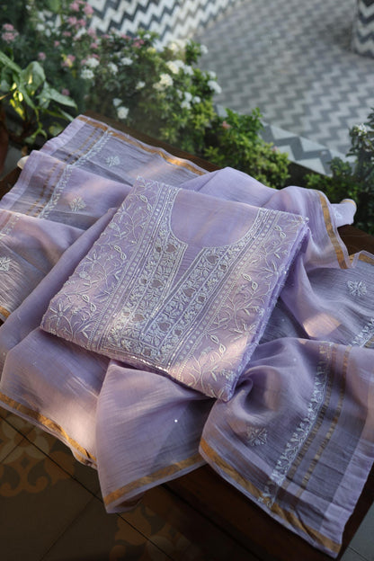Lavender Purple Shade Chanderi Silk Mukaish Badla Unstitched Fabric