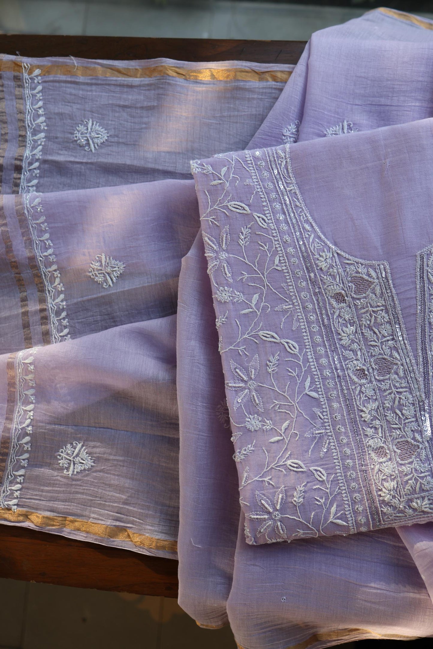 Lavender Purple Shade Chanderi Silk Mukaish Badla Unstitched Fabric