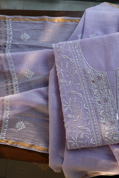 Lavender Purple Shade Chanderi Silk Mukaish Badla Unstitched Fabric