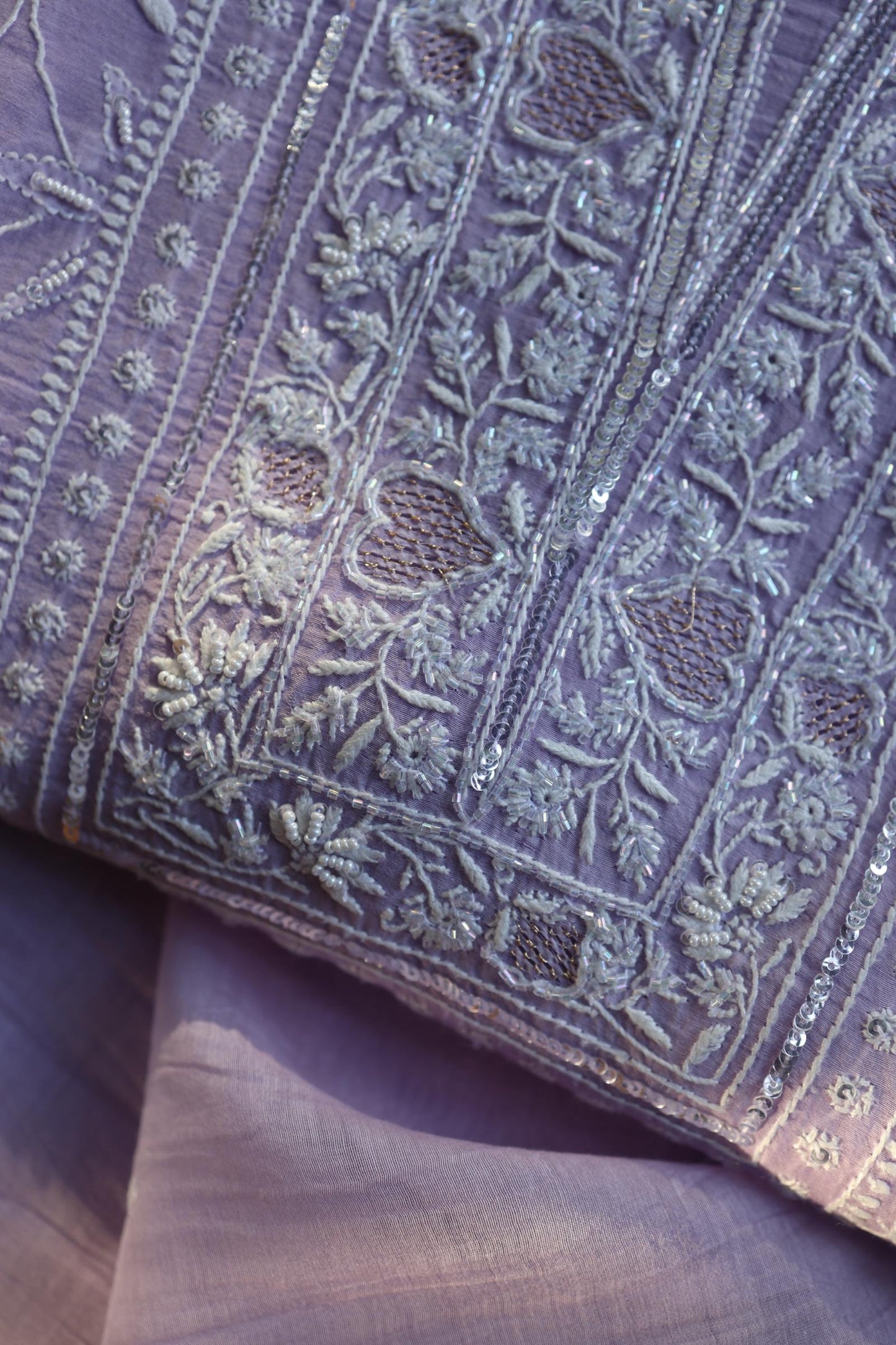 Lavender Purple Shade Chanderi Silk Mukaish Badla Unstitched Fabric