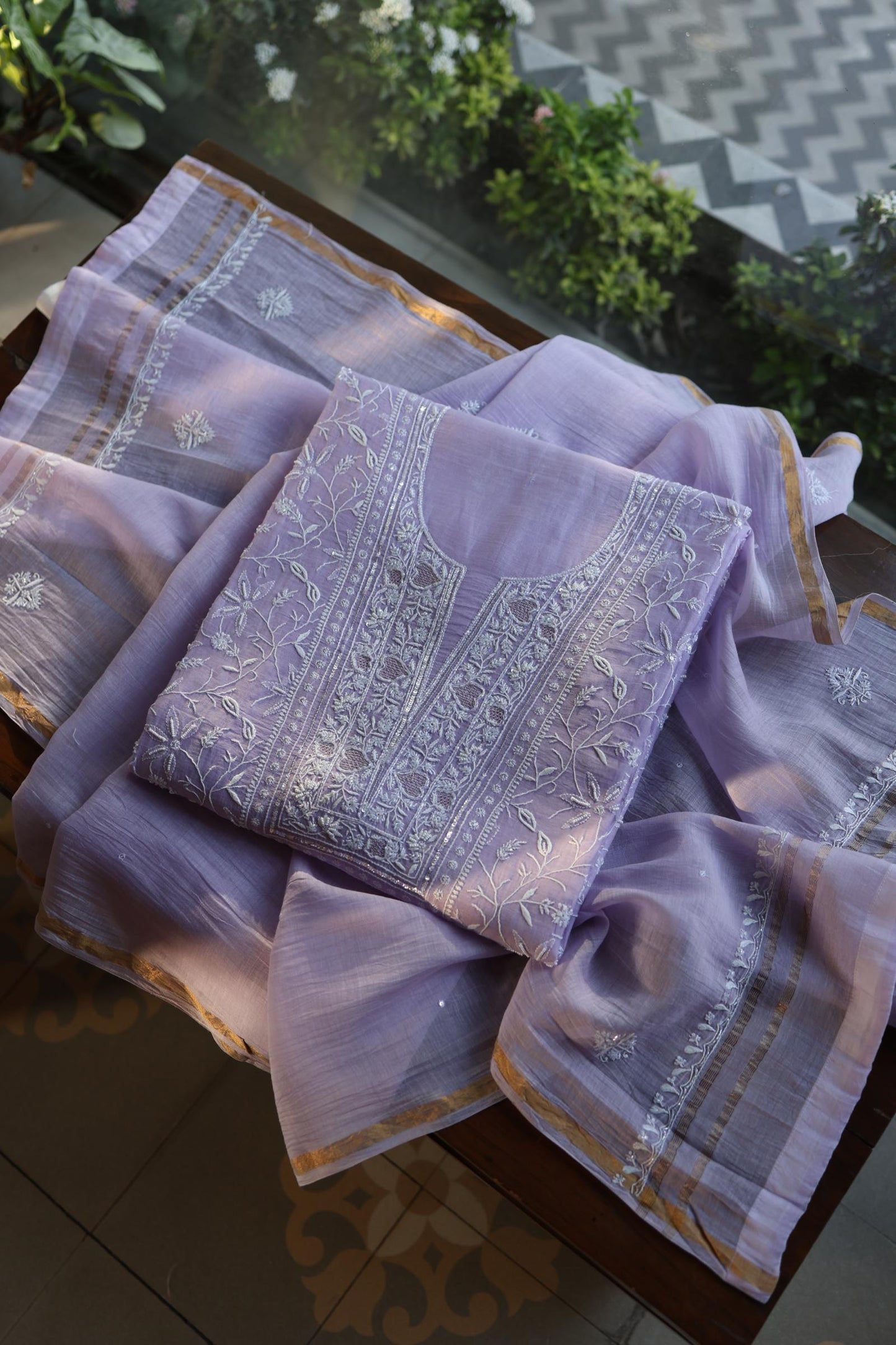 Lavender Purple Shade Chanderi Silk Mukaish Badla Unstitched Fabric