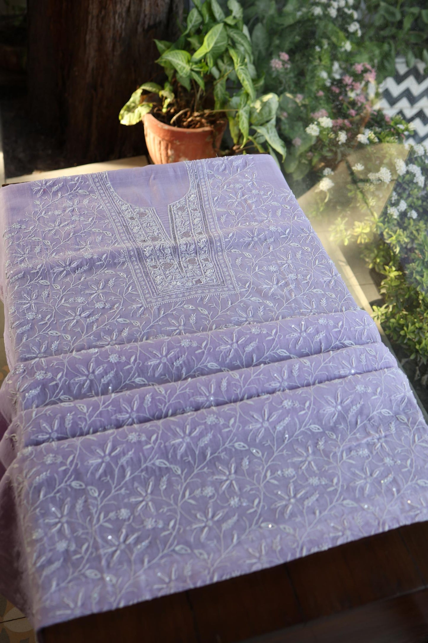 Lavender Purple Shade Chanderi Silk Mukaish Badla Unstitched Fabric