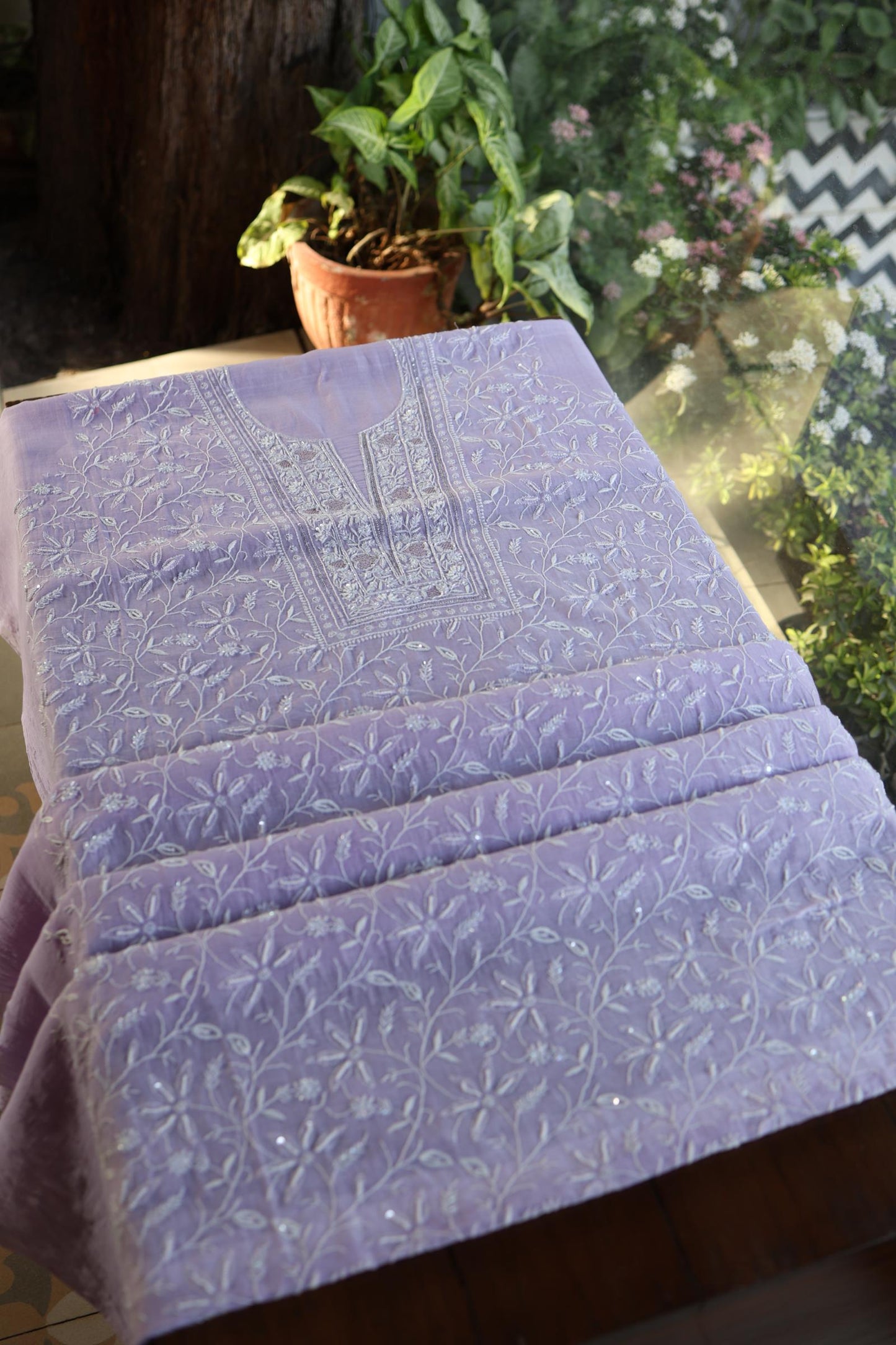 Lavender Purple Shade Chanderi Silk Mukaish Badla Unstitched Fabric