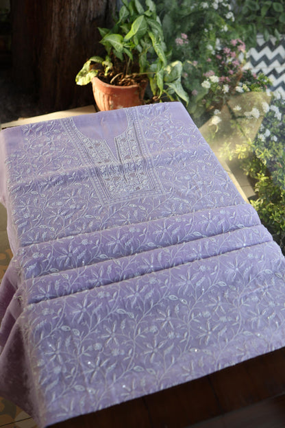 Lavender Purple Shade Chanderi Silk Mukaish Badla Unstitched Fabric