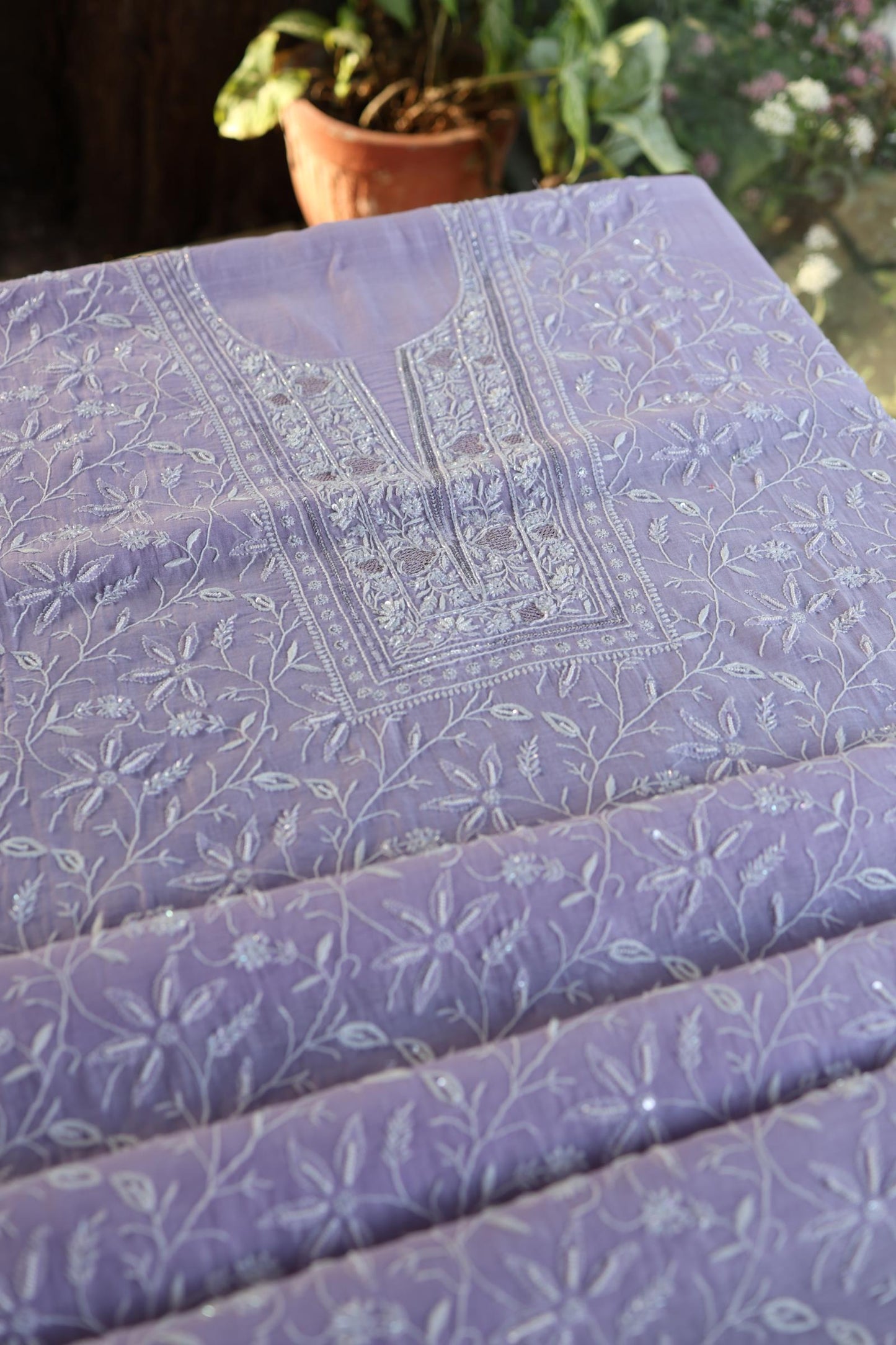 Lavender Purple Shade Chanderi Silk Mukaish Badla Unstitched Fabric