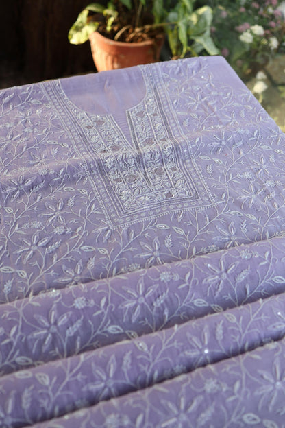 Lavender Purple Shade Chanderi Silk Mukaish Badla Unstitched Fabric