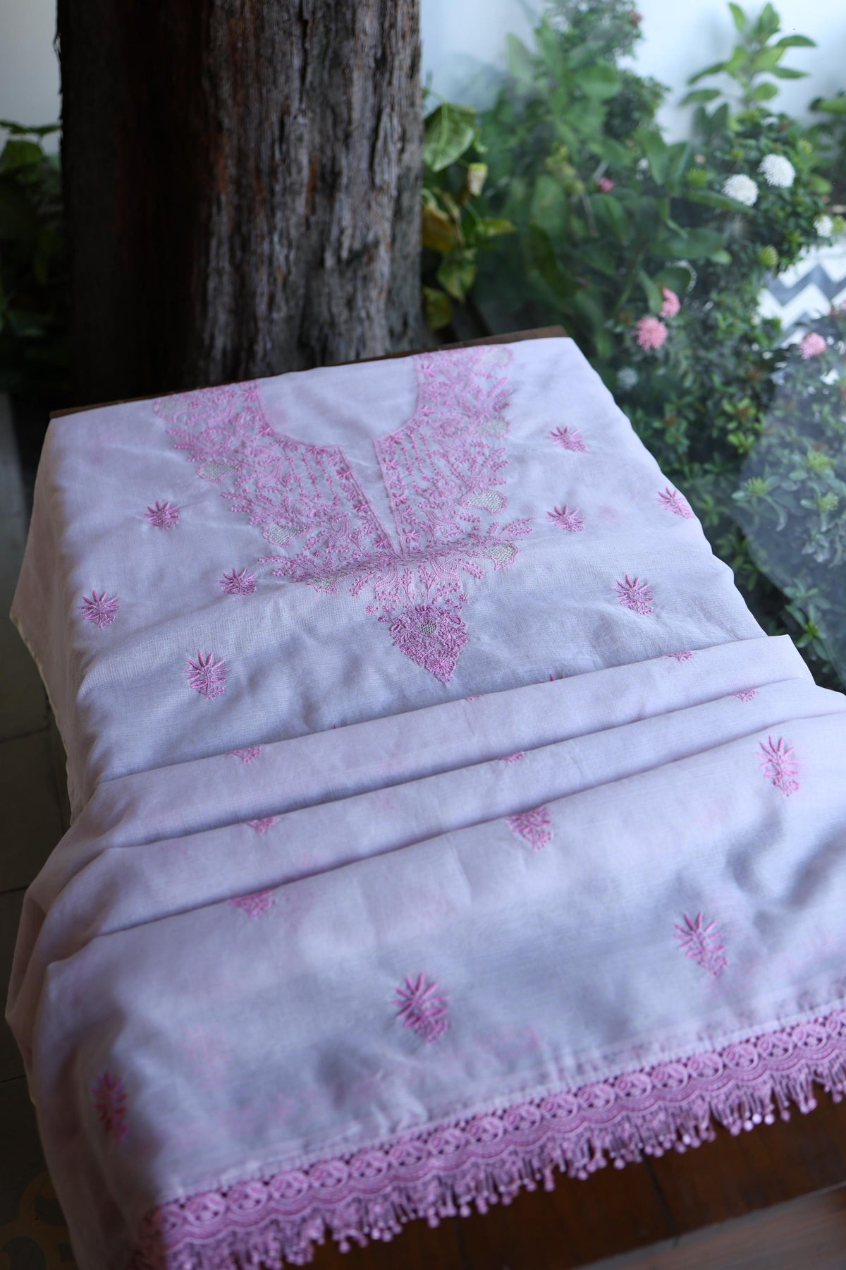 Lavender Purple Shade Kota Chikankari Unstitched Suit Fabric