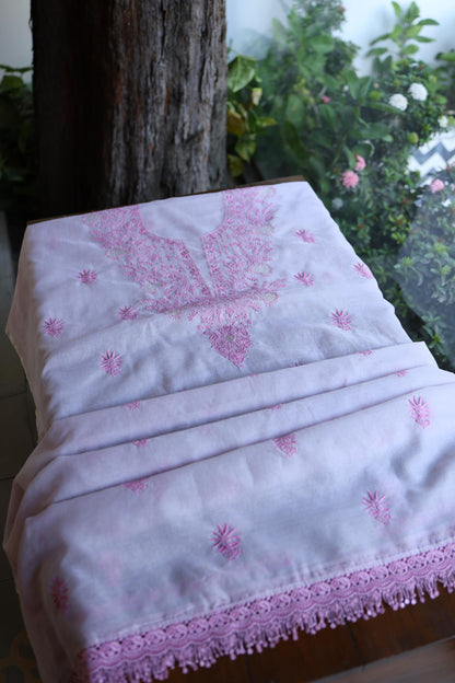Lavender Purple Shade Kota Chikankari Unstitched Suit Fabric