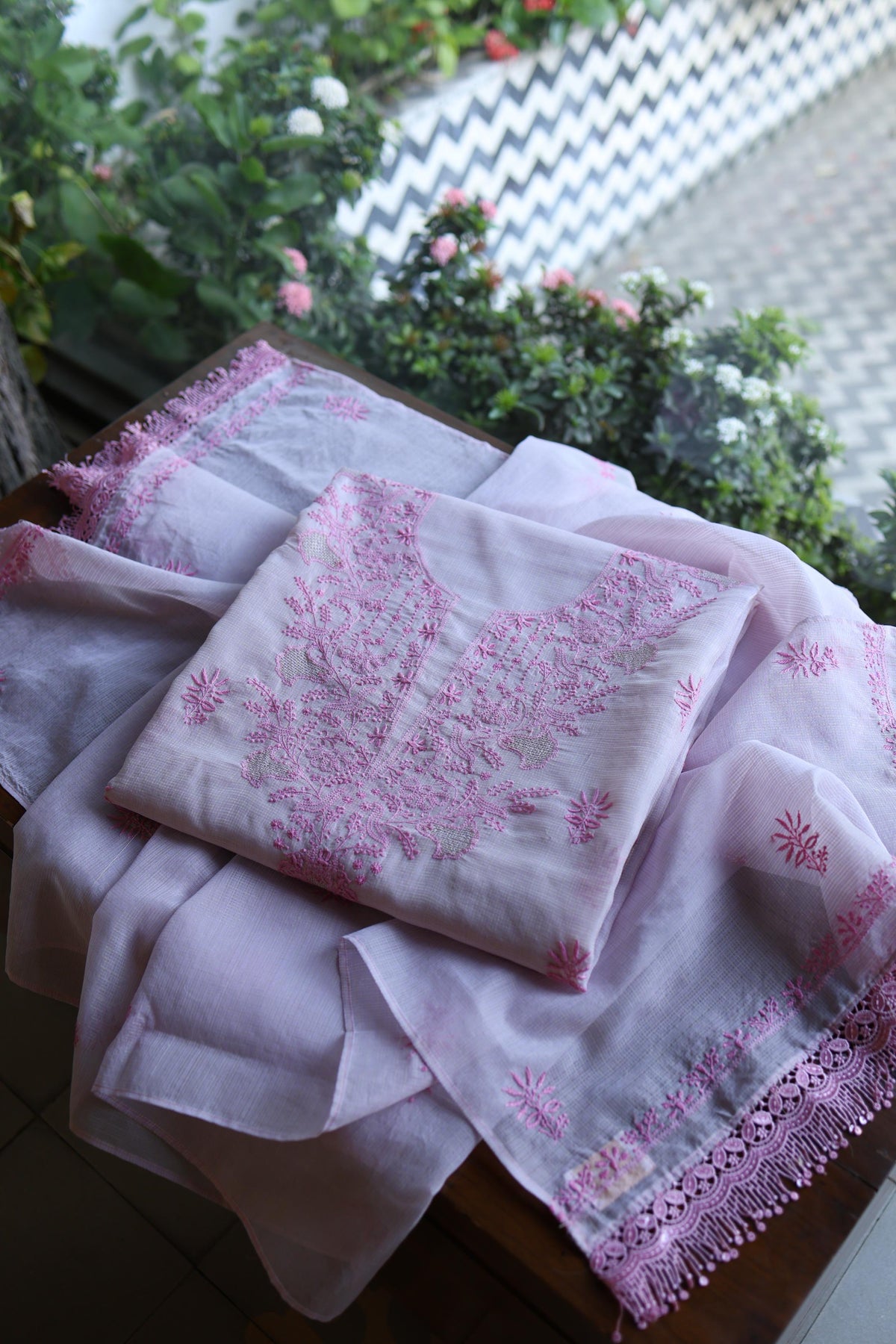 Lavender Purple Shade Kota Chikankari Unstitched Suit Fabric