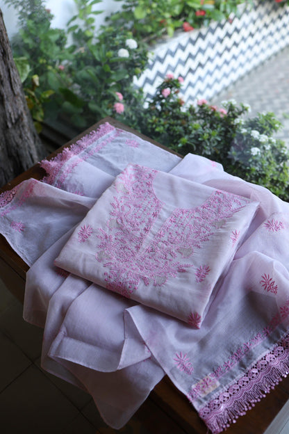 Lavender Purple Shade Kota Chikankari Unstitched Suit Fabric