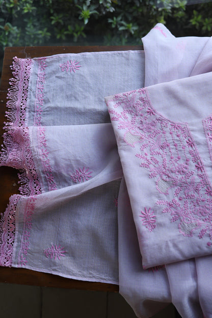 Lavender Purple Shade Kota Chikankari Unstitched Suit Fabric