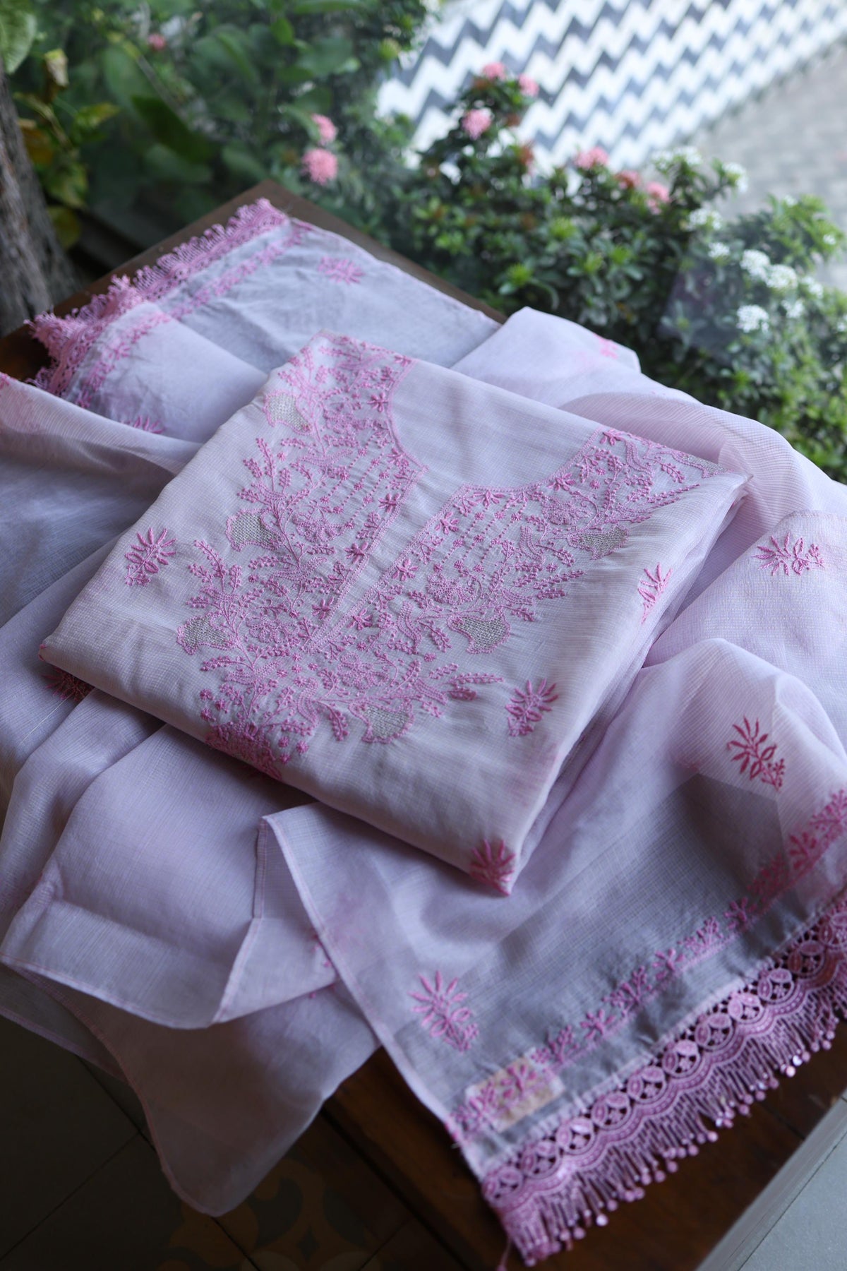 Lavender Purple Shade Kota Chikankari Unstitched Suit Fabric