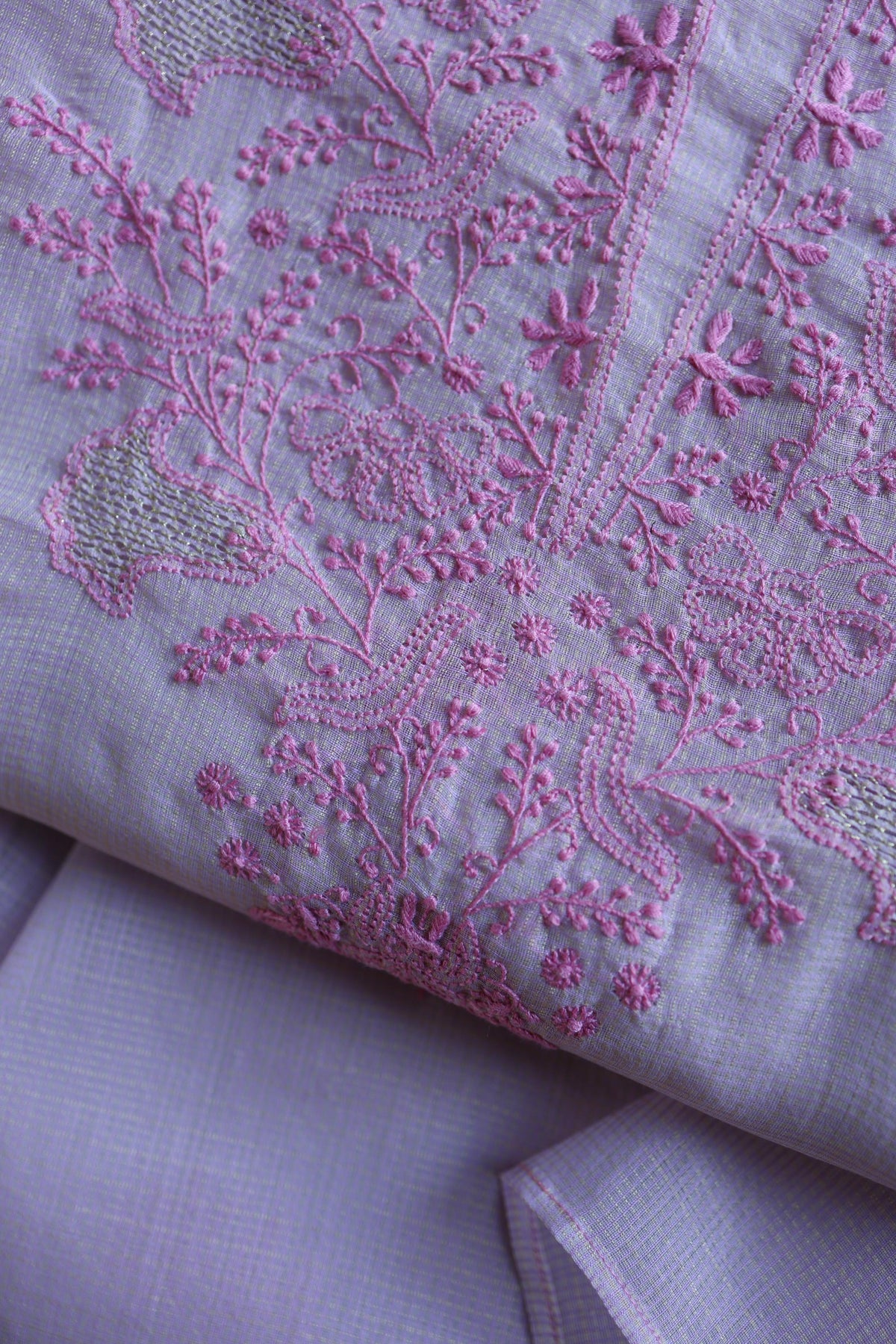 Lavender Purple Shade Kota Chikankari Unstitched Suit Fabric