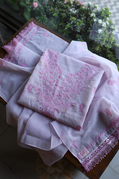 Lavender Purple Shade Kota Chikankari Unstitched Suit Fabric