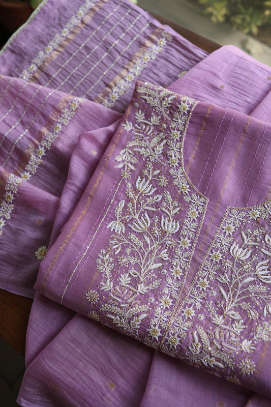 Lavender Purple Shade Mal Chanderi Chikankari Unstitched Fabric with Sequin & Pearl Work