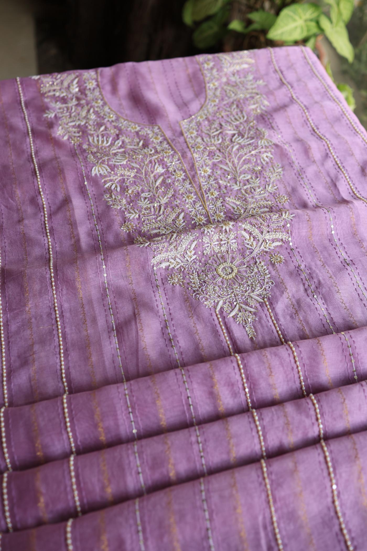 Lavender Purple Shade Mal Chanderi Chikankari Unstitched Fabric with Sequin & Pearl Work