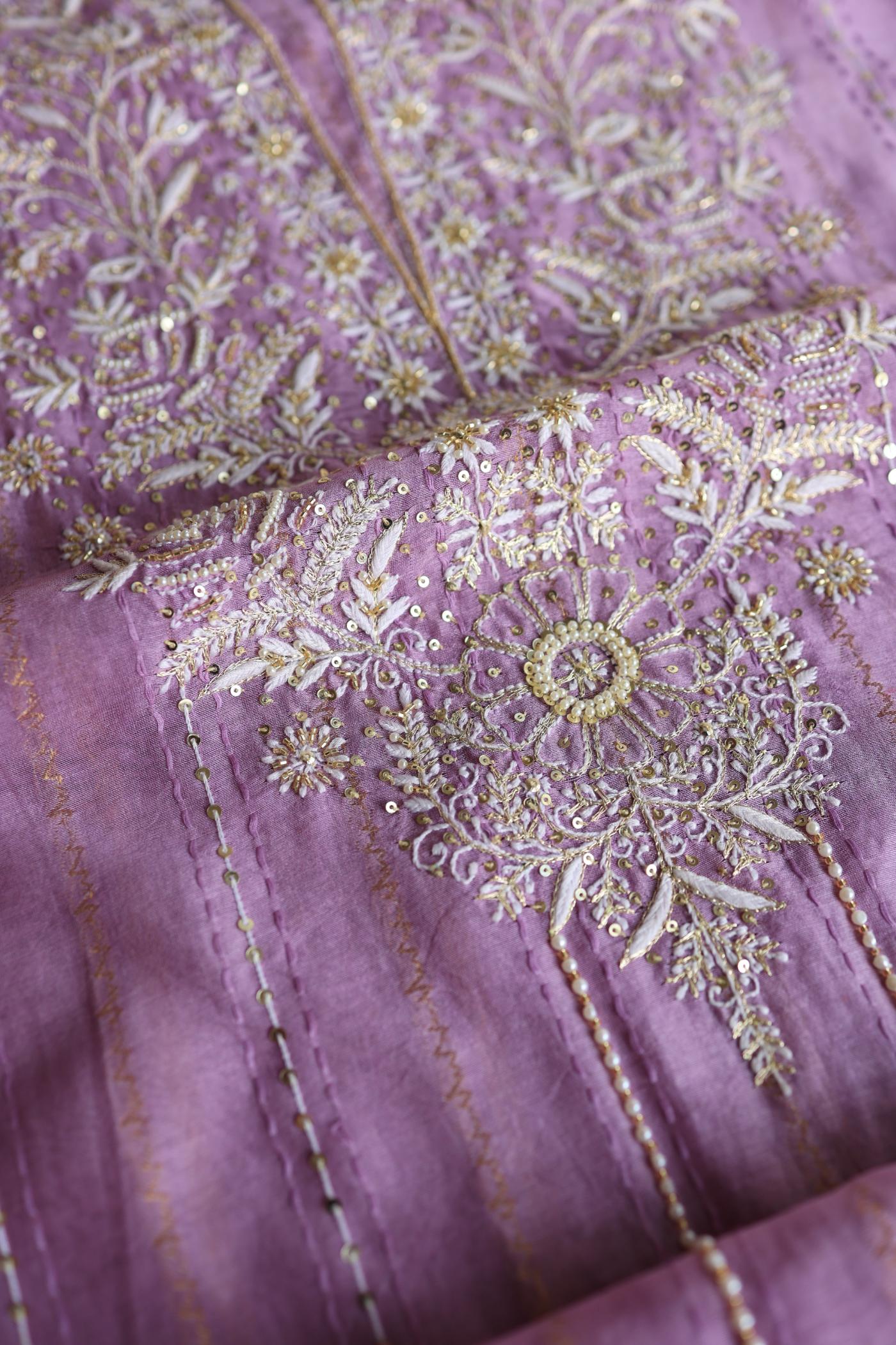 Lavender Purple Shade Mal Chanderi Chikankari Unstitched Fabric with Sequin & Pearl Work