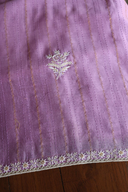 Lavender Purple Shade Mal Chanderi Chikankari Unstitched Fabric with Sequin & Pearl Work