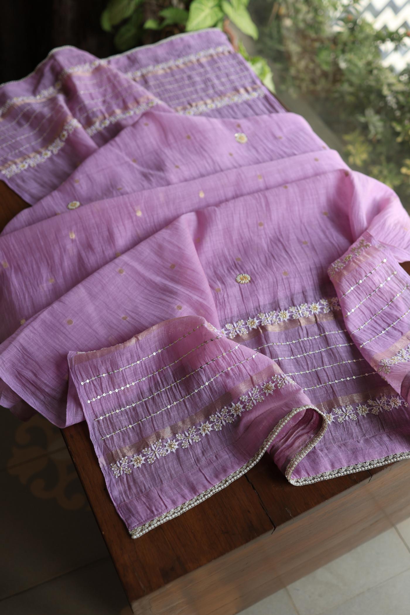 Lavender Purple Shade Mal Chanderi Chikankari Unstitched Fabric with Sequin & Pearl Work