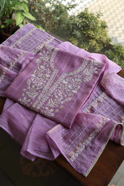 Lavender Purple Shade Mal Chanderi Chikankari Unstitched Fabric with Sequin & Pearl Work