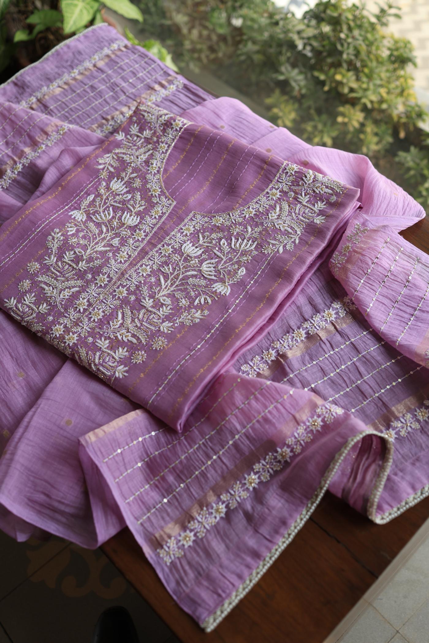 Lavender Purple Shade Mal Chanderi Chikankari Unstitched Fabric with Sequin & Pearl Work