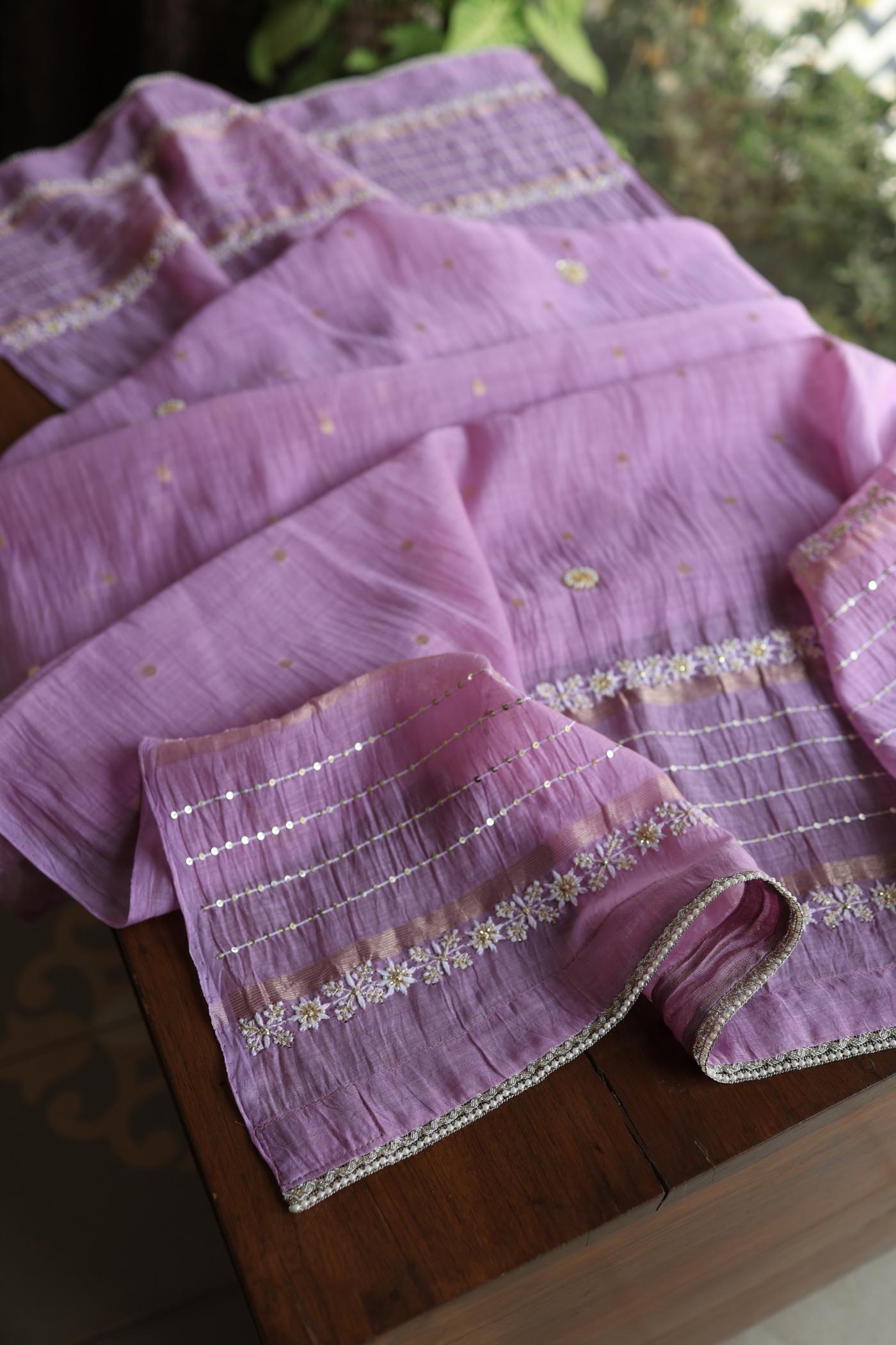 Lavender Purple Shade Mal Chanderi Chikankari Unstitched Fabric with Sequin & Pearl Work